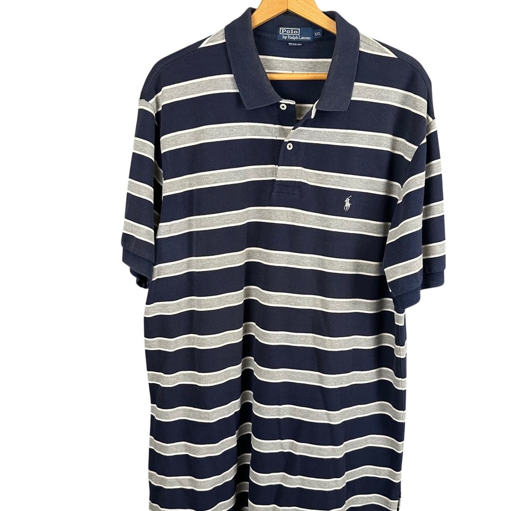 Polo Ralph Lauren Men XXL Navy Blue Grey Striped Short Sleeve Pique Polo Shirt